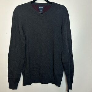 British Khaki Fine Knit Cotton V-Neck Lightweight Sweater in Charcoal Grey